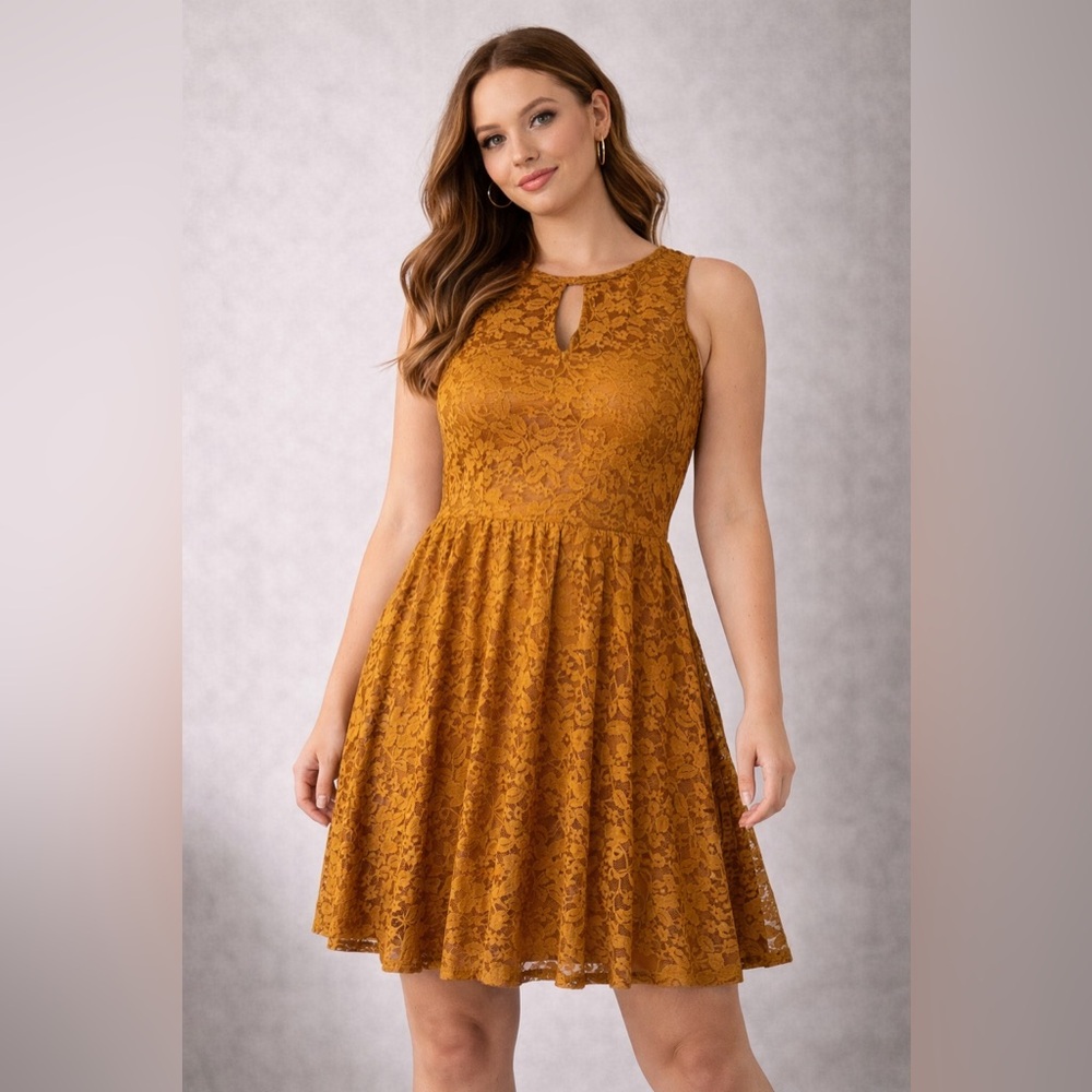As U Wish Mustard Lace Fit & Flare Dress Large Sleeveless Lined Skater